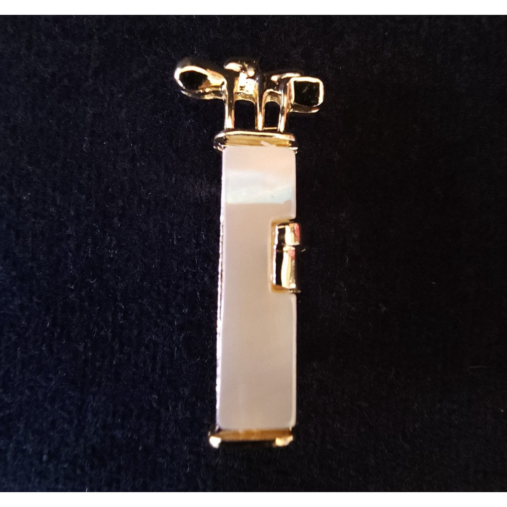 Brooch Tie pin Golf Bag Clubs Mother of Pearl Gold Tone 1 1/4" Vintage 1950s